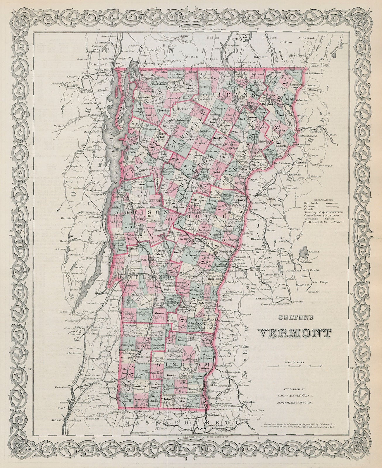Colton's Vermont. Decorative antique US state map 1869 old chart